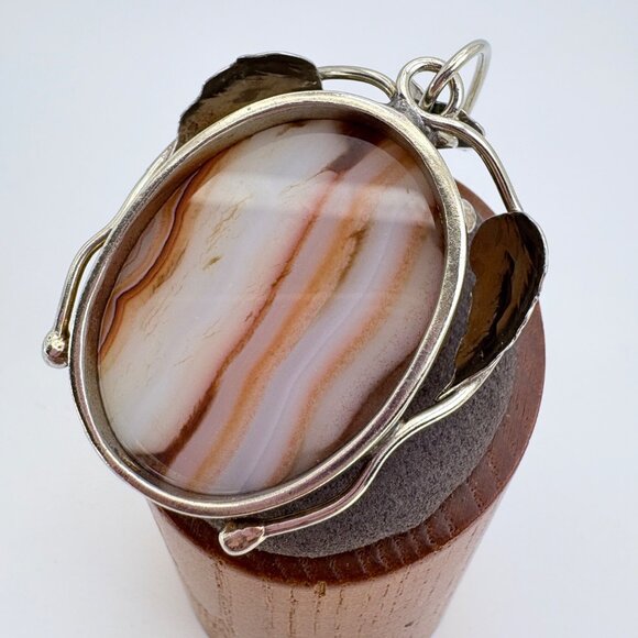 VTG Sterling Silver 925 Banded Agate Leaf Design Pendant Size 2.5" Length - Picture 7 of 11